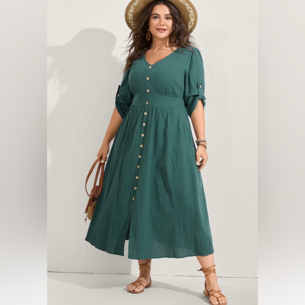 BloomChic Teal Button-Front Midi Dress Pure Cotton - NWT 18/20W